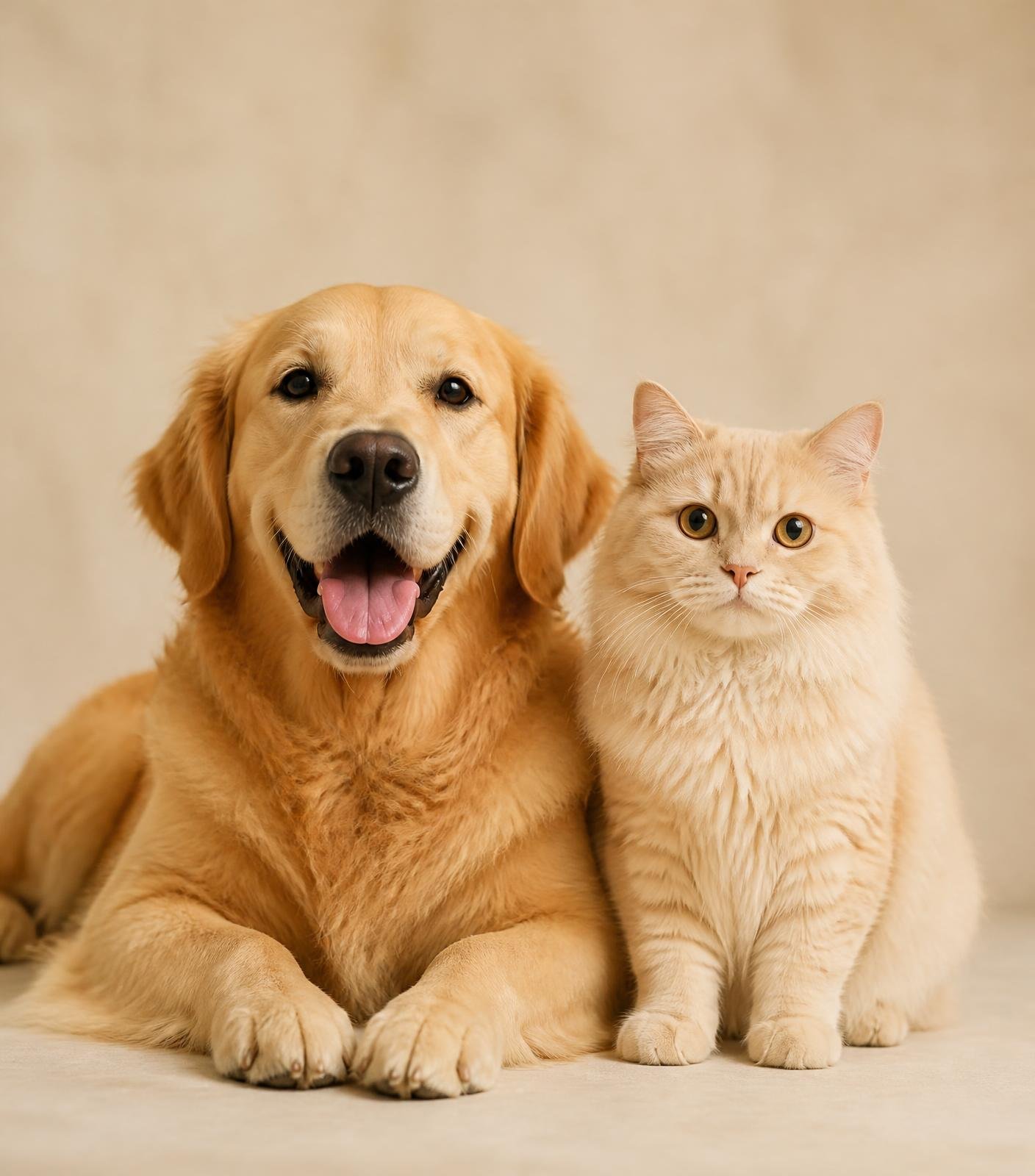 A golden retriever and a cream cat sitting together